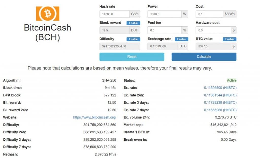 bitcoin cash bch mining calculator