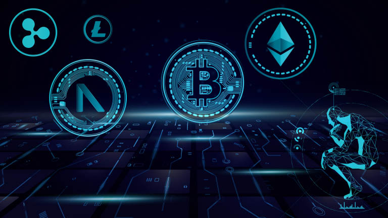 Holograms of various cryptocurrencies