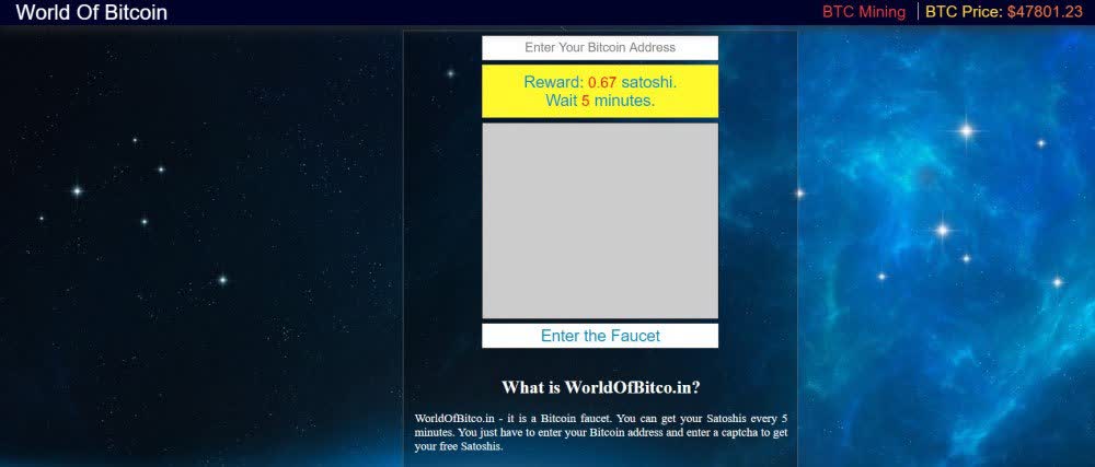 Main page of WorldOfBitcoin faucet website